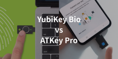 YubiKey BioとATKey Proの比較画像。両製品とも指紋認証を導入した認証セキュリティキーとして代表的。