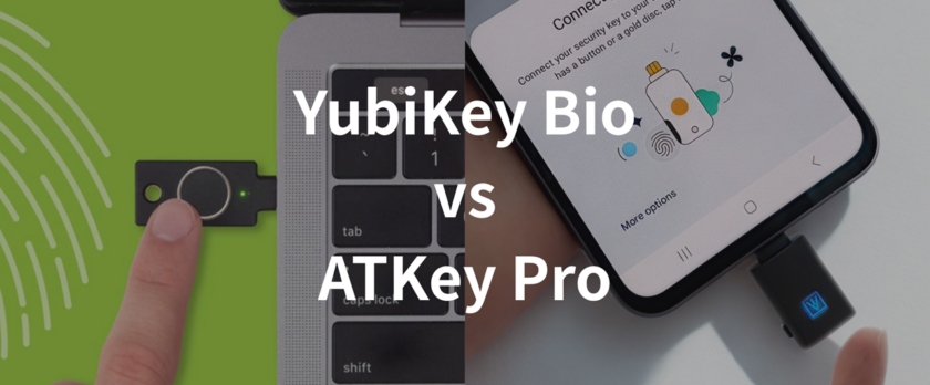 YubiKey BioとATKey Proの比較画像。両製品とも指紋認証を導入した認証セキュリティキーとして代表的。